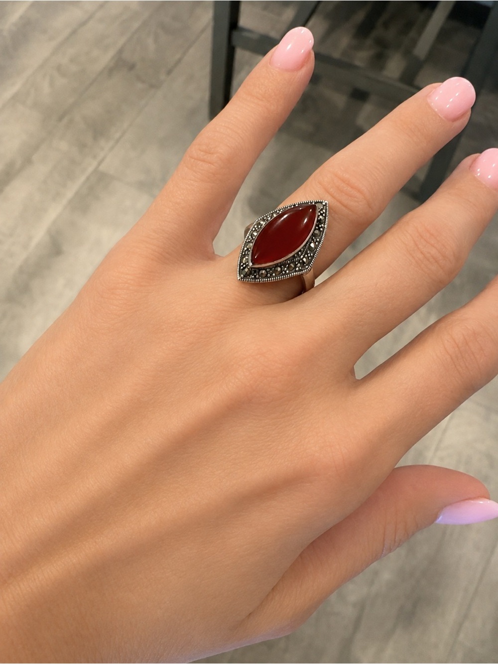 925 Sterling Silver KL Red Carnelian Marquise Statement Ring Size 7